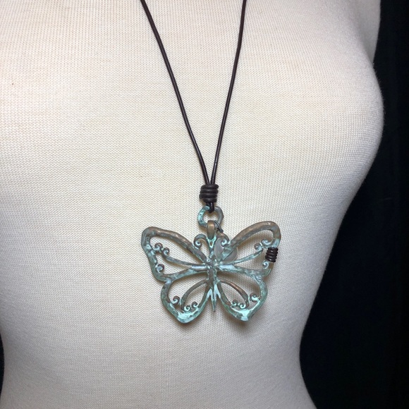 Patina Butterfly Open Rustic Long Cord Necklace - Picture 3 of 3
